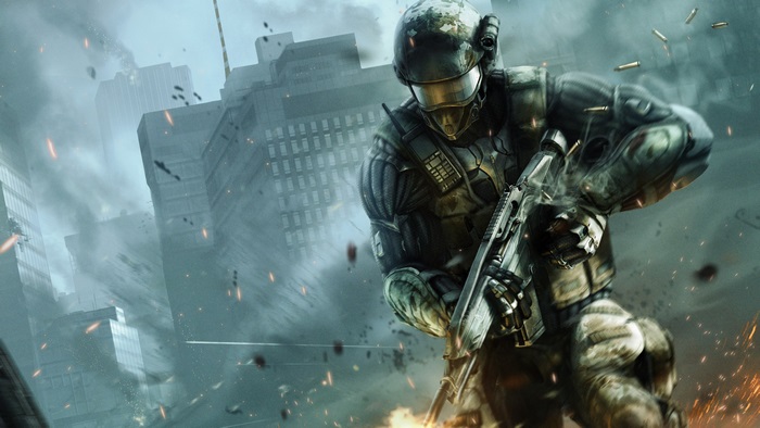 Soldier from Crysis 2 in a destroyed city