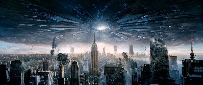 Alien invasion over destroyed New York City