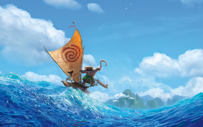 Moana and Maui sailing on a boat