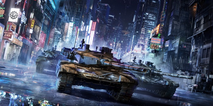 Tanks in a rainy neon city street