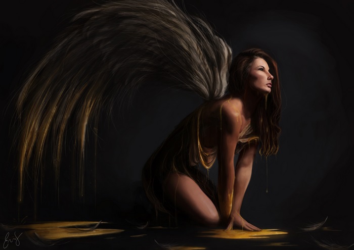 Fantasy woman with golden wings and honey