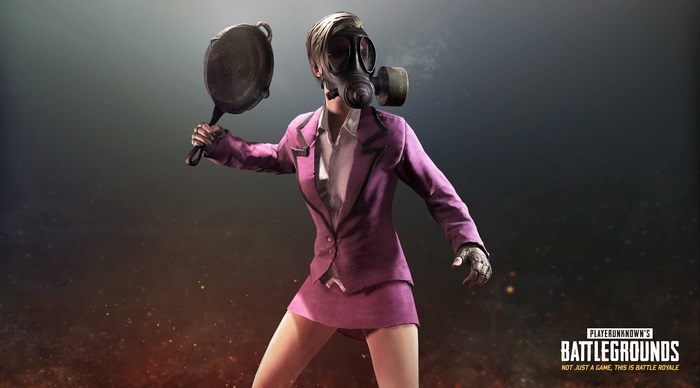 PlayerUnknown's Battlegrounds character with frying pan and gas mask