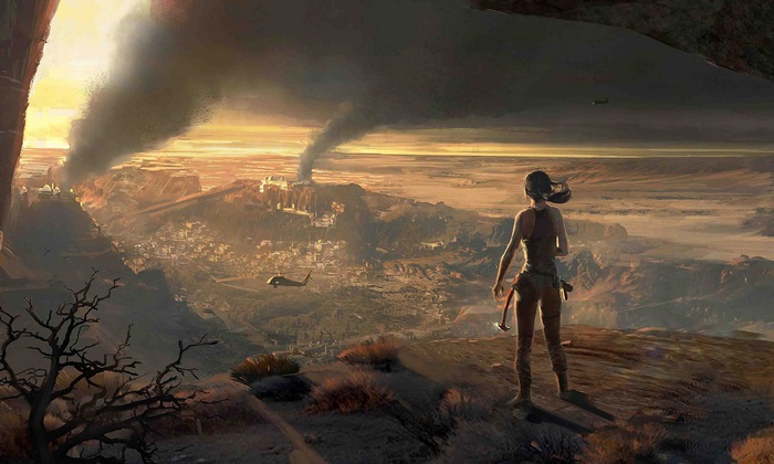 Lara Croft from Tomb Raider overlooking a city