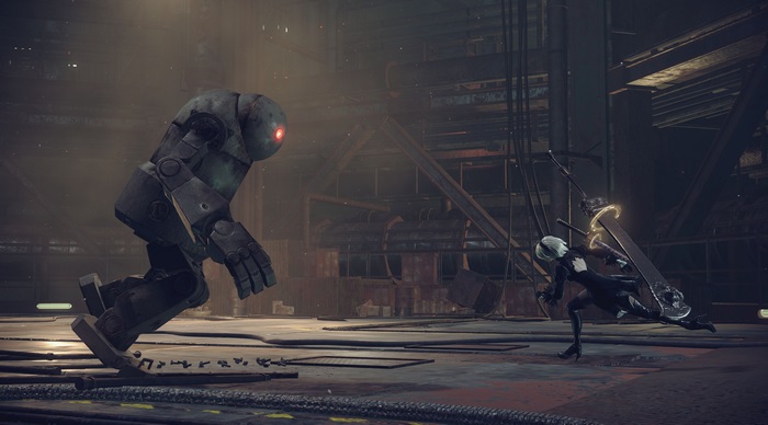 2B from Nier: Automata fighting a robot