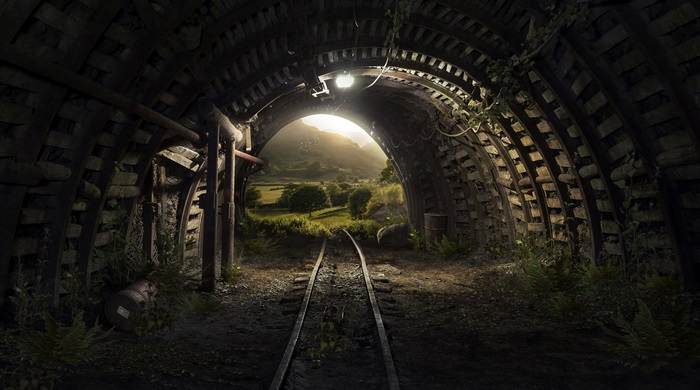 4K Tunnel Leading to Sunny Green Landscape