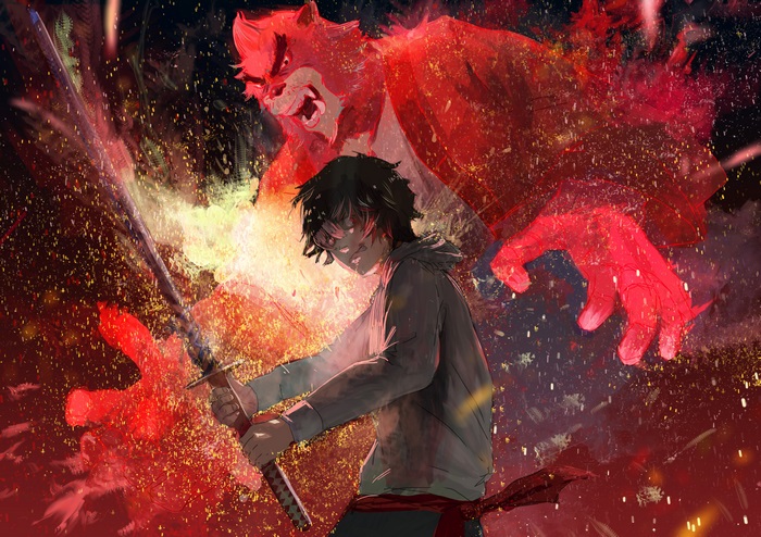 Anime boy with sword and red beast
