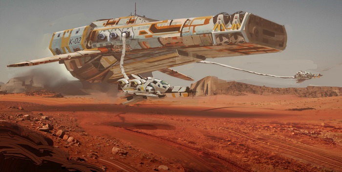 Spaceship in a desert landscape