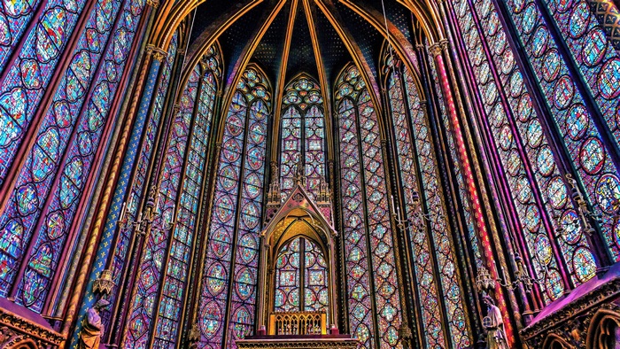 Stained glass interior of a cathedral, 4K