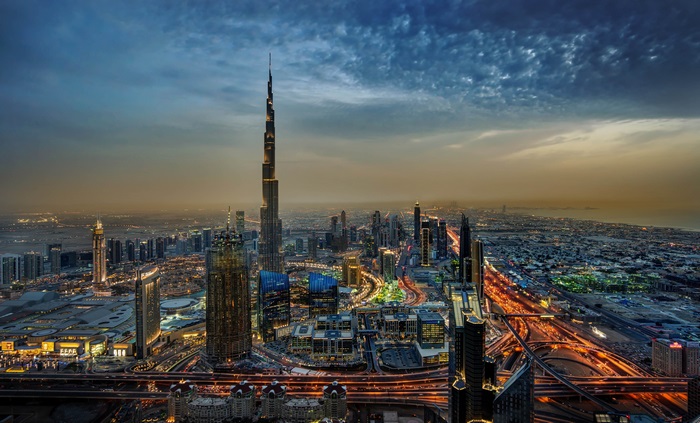 Dubai Cityscape at Dusk with Burj Khalifa 4K