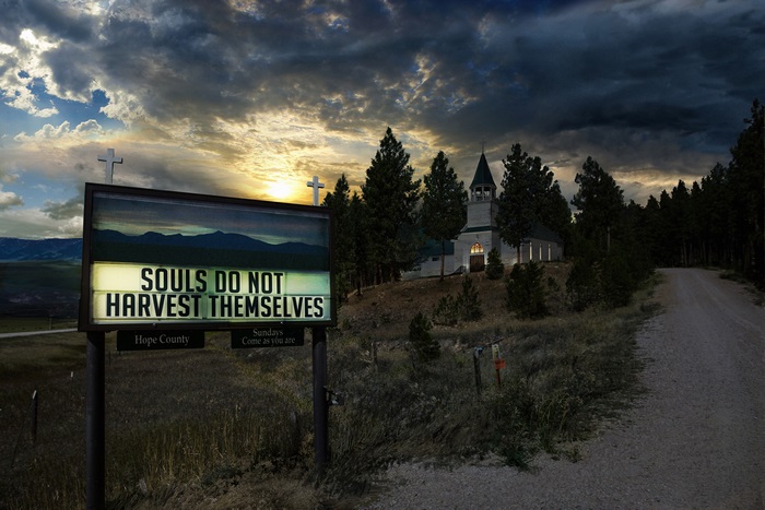 Far Cry 5 church sign with sunset