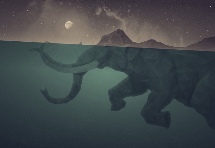 Surreal artwork of an elephant underwater at night