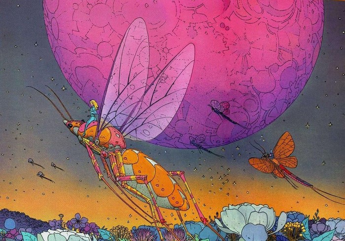 A woman rides a giant insect under a pink planet