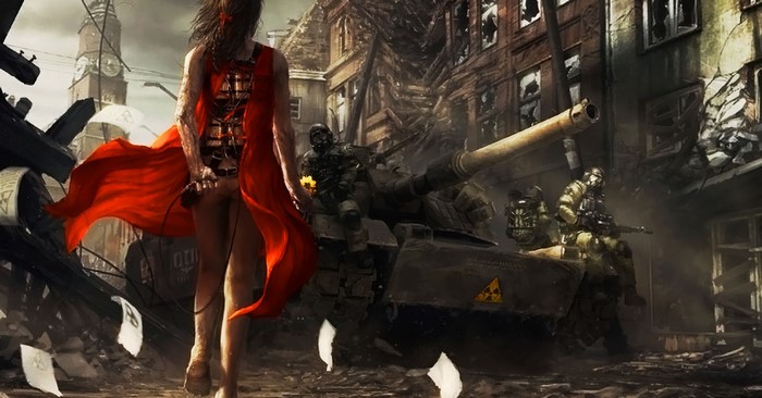 Woman in red dress near tank in destroyed city