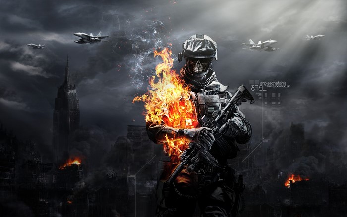 Soldier on fire in destroyed city with jets