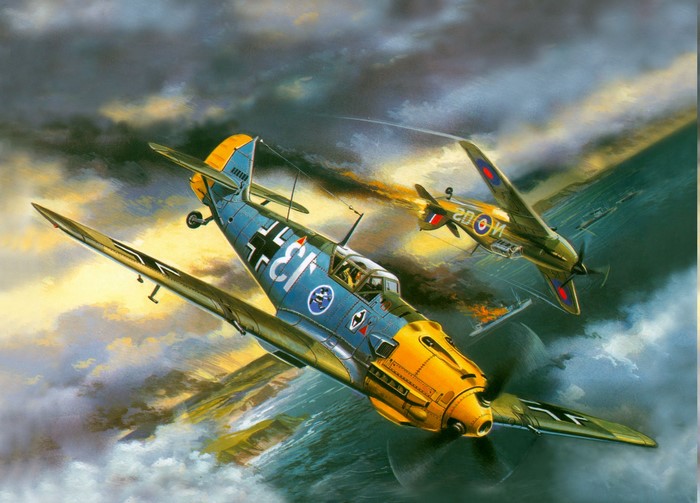 Messerschmitt Bf 109 and Hawker Hurricane in combat
