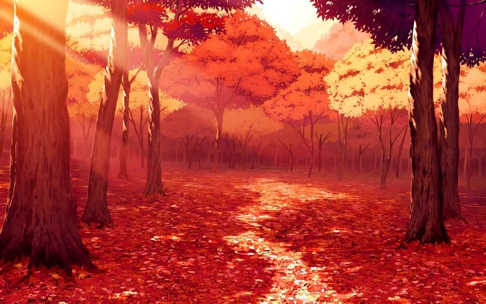 Sunlit Autumn Forest with Red Leaves