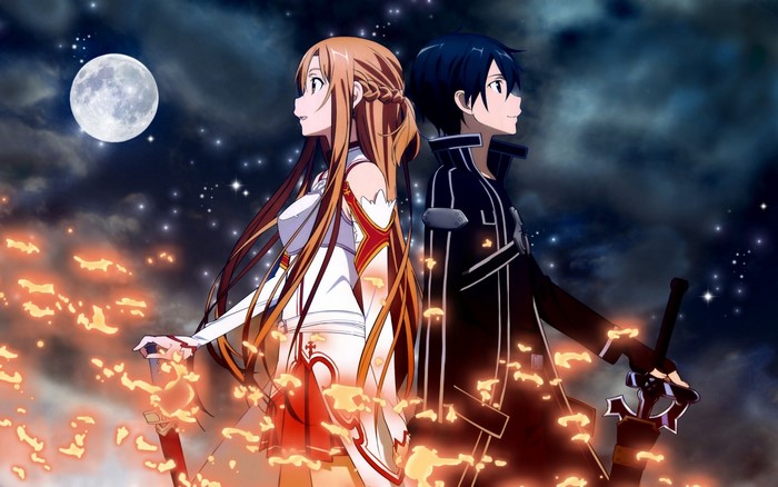 Kirito and Asuna from Sword Art Online with Moon and Fire