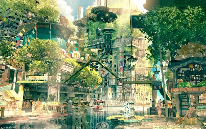 Anime cityscape with nature and a tram