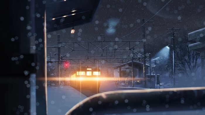 Anime winter train station at night with snow