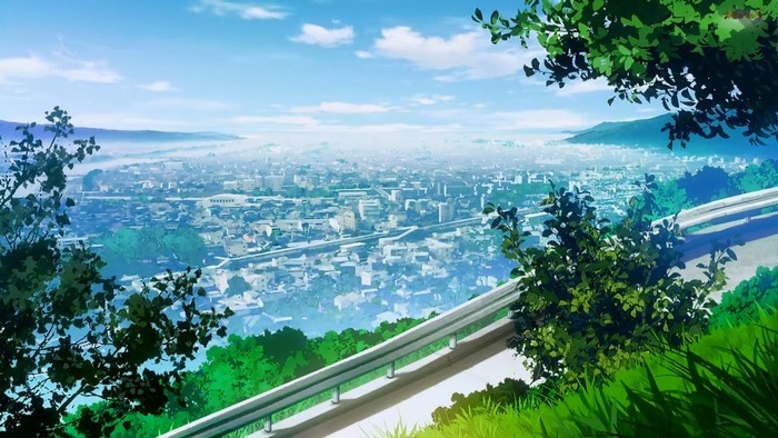 Anime city cityscape from a hill