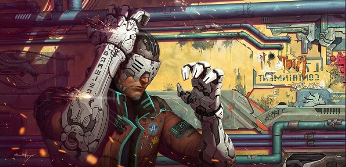Cyborg with mechanical arms in a futuristic industrial setting