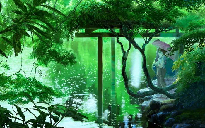 Anime couple under umbrella by a lake