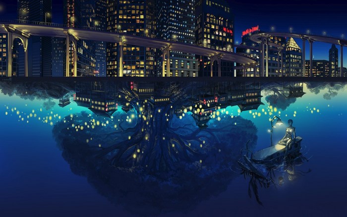 Anime city skyline reflected in water with a person in a boat