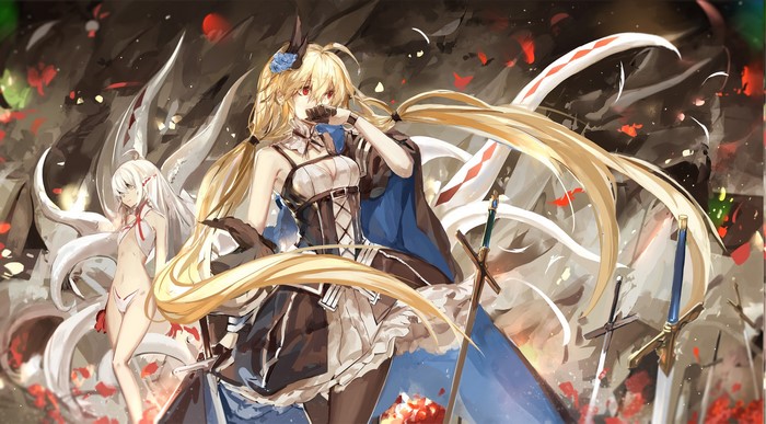 Anime girls with blonde and white hair, swords, and tentacles