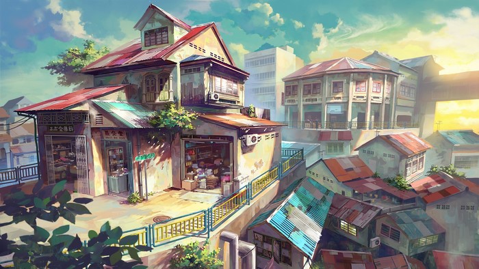 Anime illustration of a Malaysian cityscape with old buildings