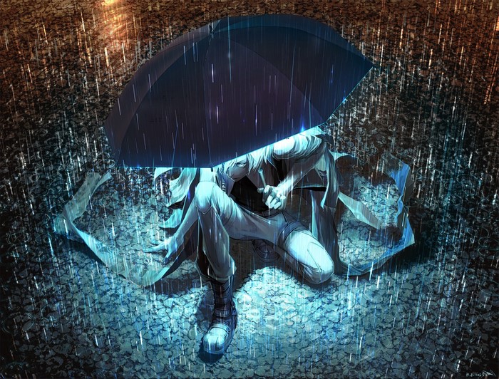 Anime character with white hair under an umbrella in the rain