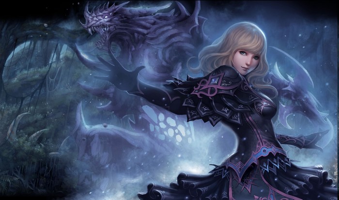 Anime girl with blonde hair and a dragon in a dark forest
