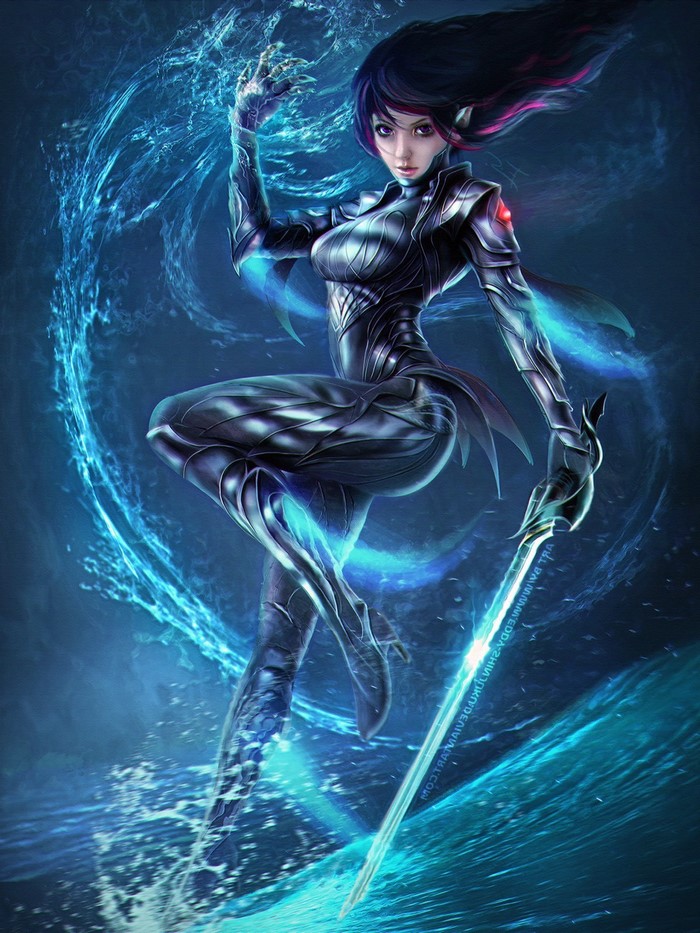 Anime girl with sword and water magic