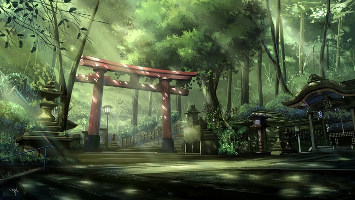 Serene Forest Torii Gate with Sun Rays