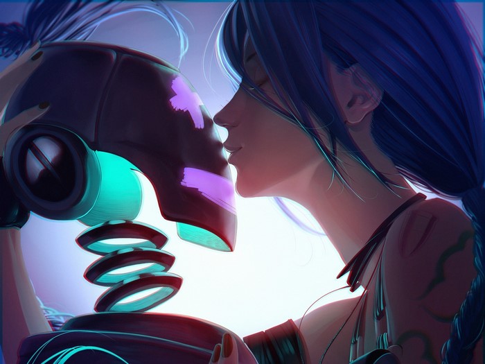 Jinx from League of Legends kissing a robot