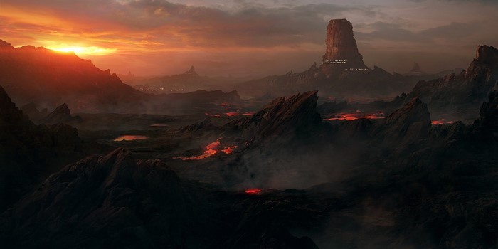 Apocalyptic landscape with lava flows and futuristic tower