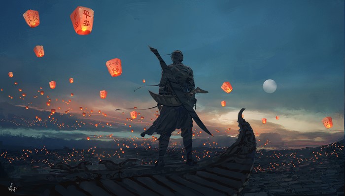 Fantasy warrior releasing sky lanterns at dusk