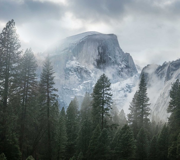 Half Dome mountain in Yosemite National Park with mist and trees