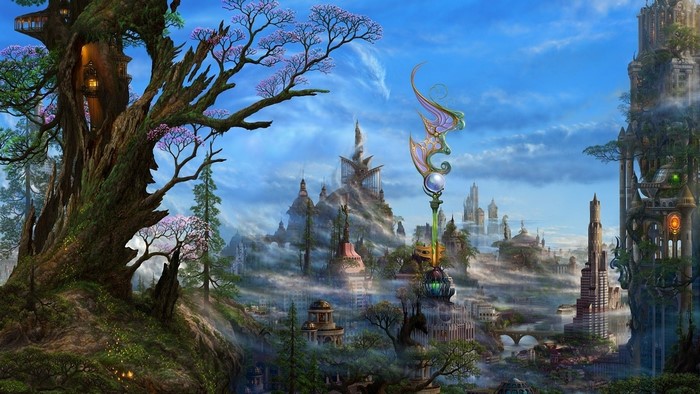 Fantasy Misty Town with Towering Tree and Skyscrapers