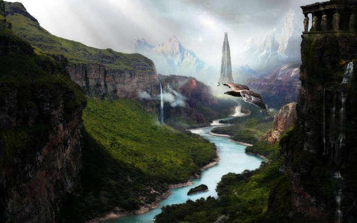 Fantasy landscape with eagle, river, waterfalls, and tower