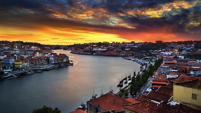 Porto, Portugal River Sunset with Bridge and Boats