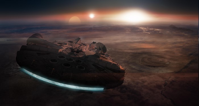 Star Wars Millennium Falcon over alien planet