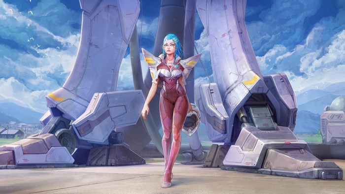 Woman in flight suit with giant mechs