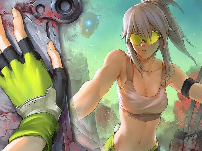 Anime girl with goggles and green gloves