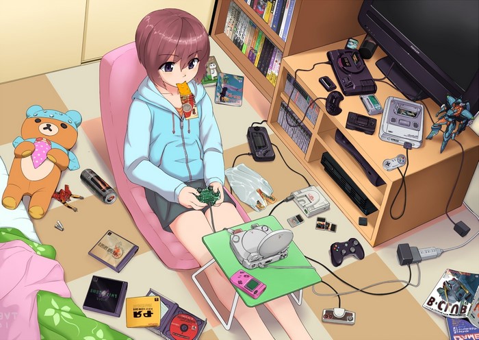 Anime girl playing video games with consoles and toys
