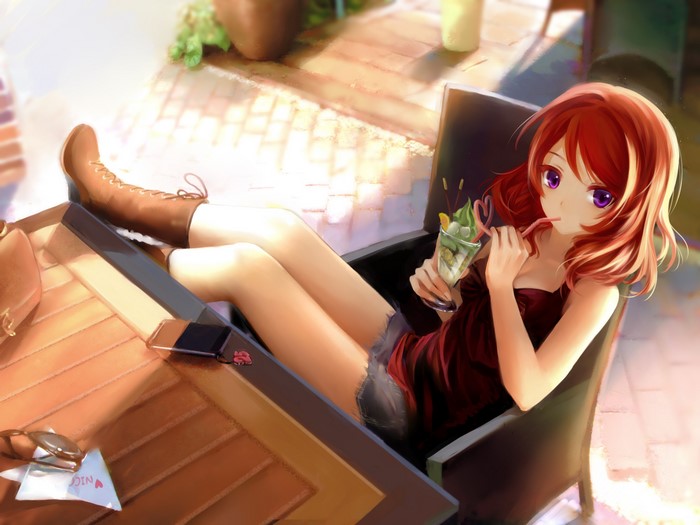 Maki Nishikino from Love Live! drinking a parfait