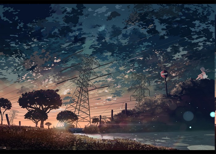 Anime sunset with power lines and a girl