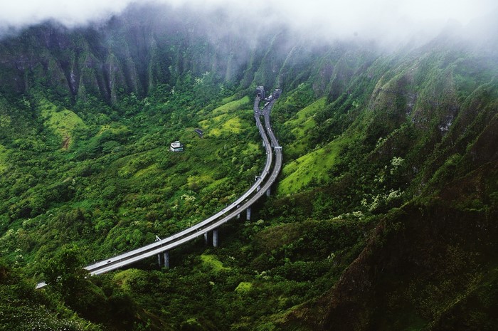 Misty Mountain Highway Bridge Through Tropical Forest