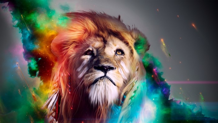 Abstract Lion Artwork with Colorful Cosmic Elements