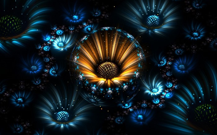 Abstract fractal flowers with blue and orange colors