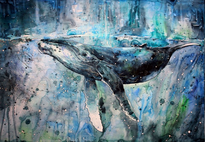 Watercolor painting of a humpback whale underwater